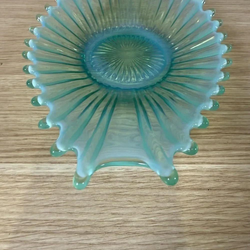 Vtg Fostoria Heirloom Aqua Opalescent Oblong Flared Art Glass Bowl MCM 13